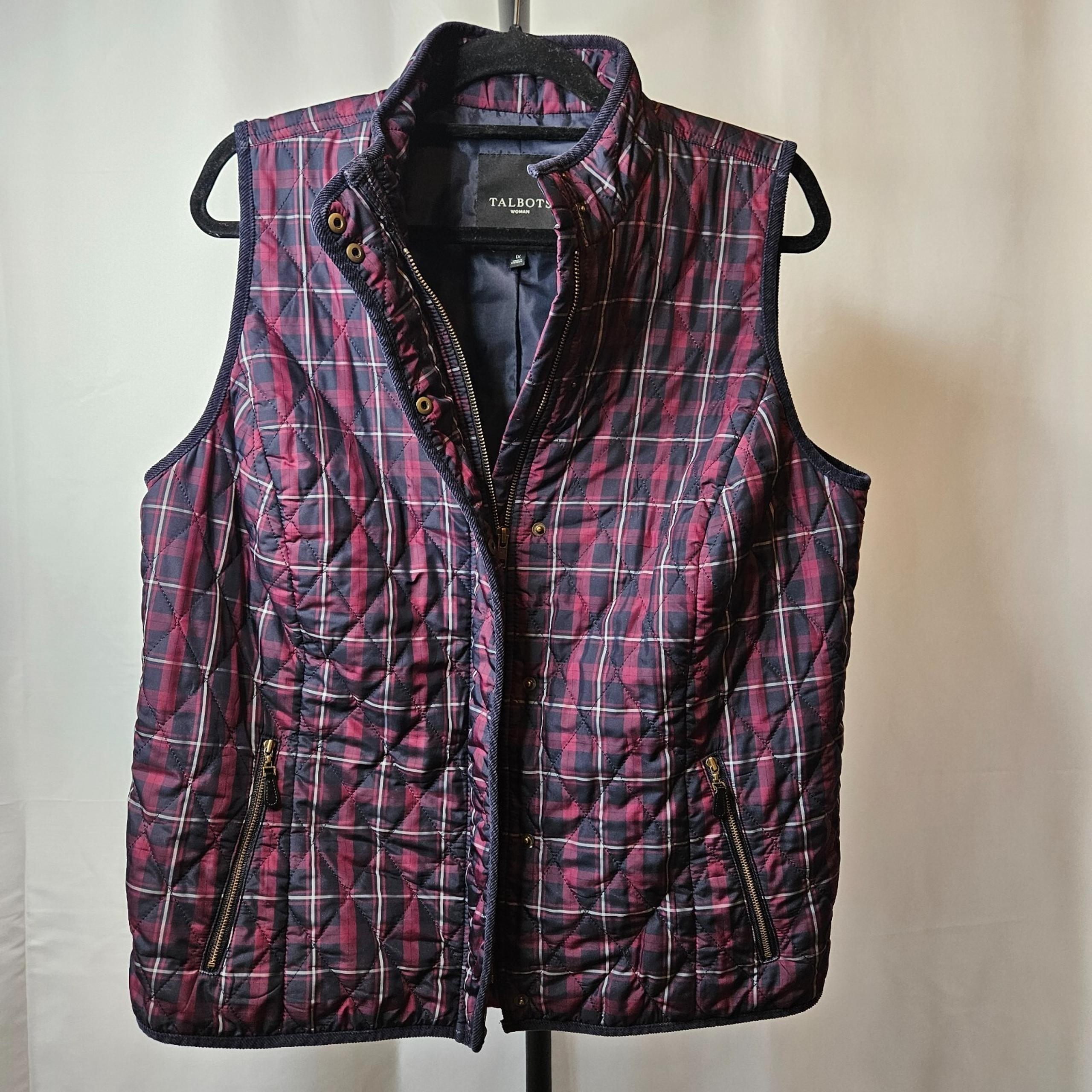 Talbots Vest Women's Size 1X Eggplant Navy Plaid Zip Insulated Casual Outdoor