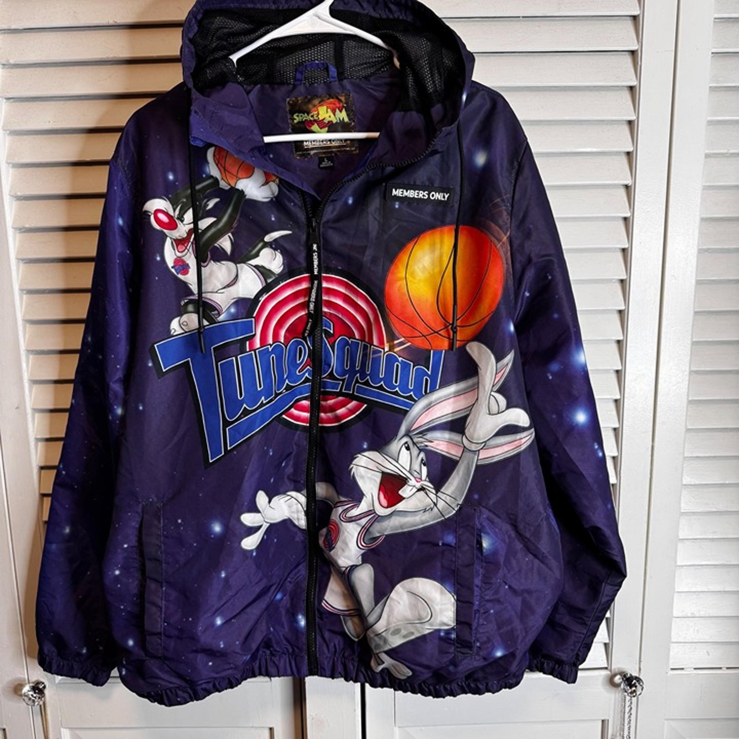 MEMBERS ONLY SPACE JAM MENS LARGE TUNE SQUAD GRAPHIC ZIP UP HOODIE WINDBREAKER