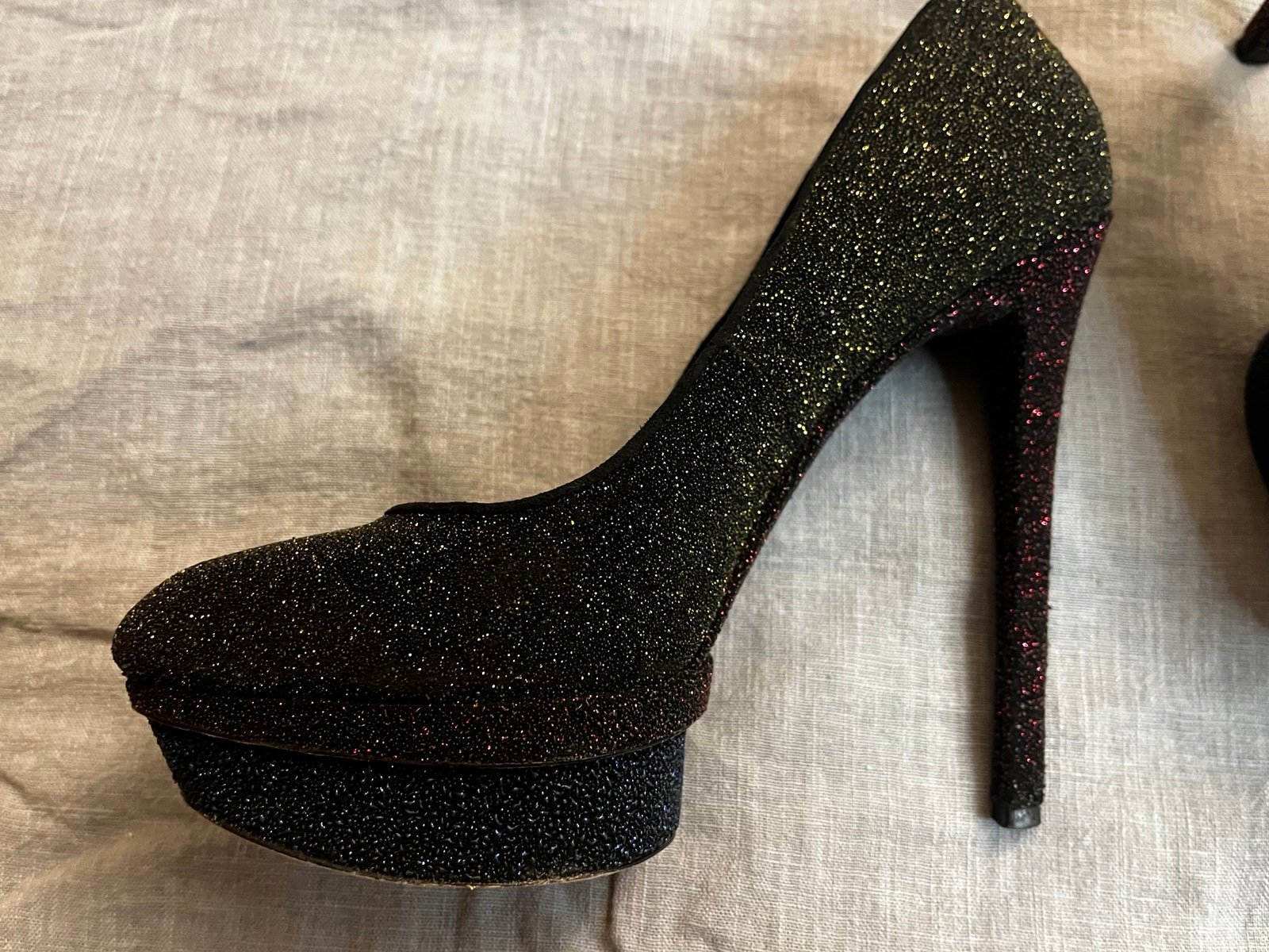 Brian Atwood Fontanne Shoes Gold Red Blue Glitter Heels Platform Black