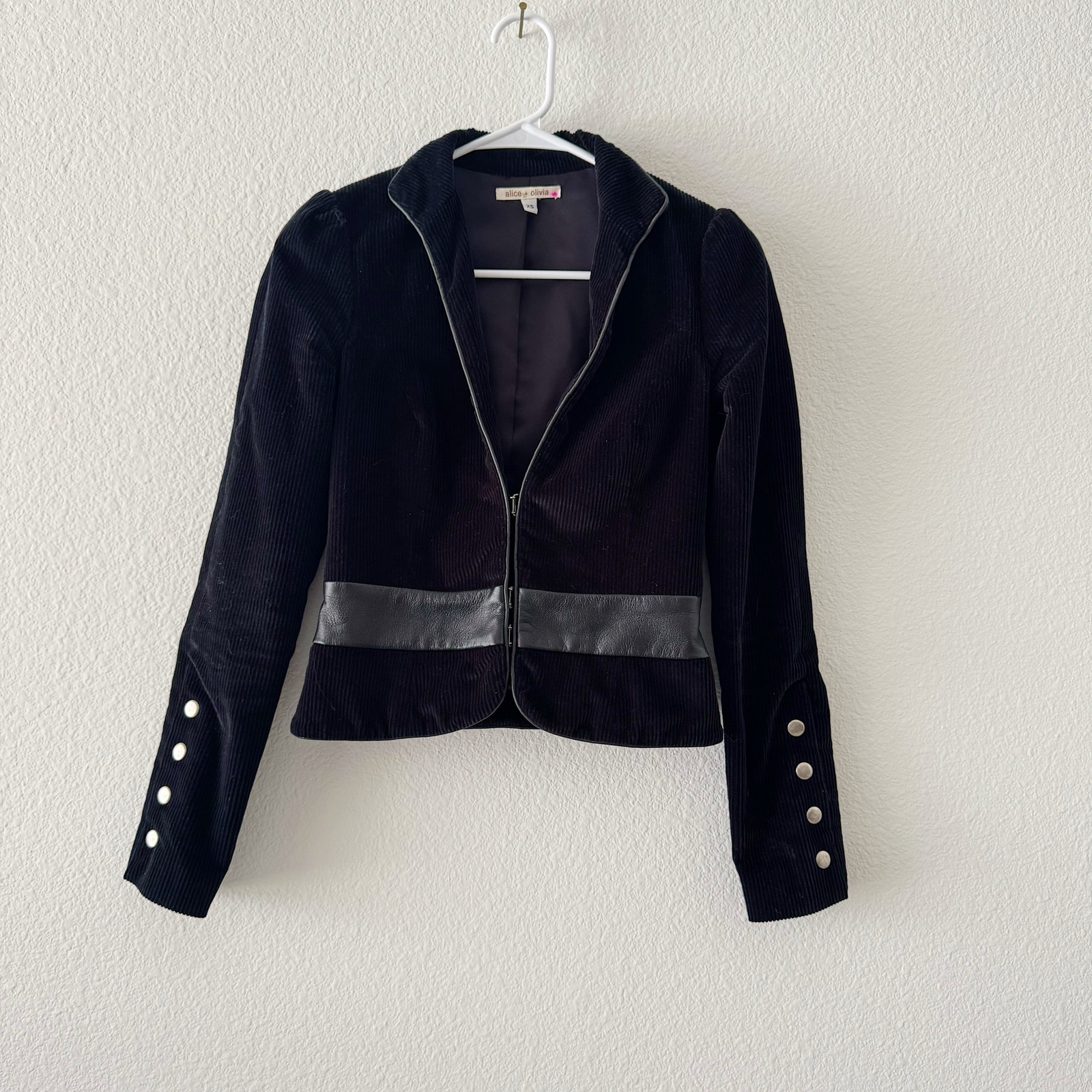 Alice + Olivia Velvet Faux Leather Trim Y2K Military Blazer Jacket Black Size XS