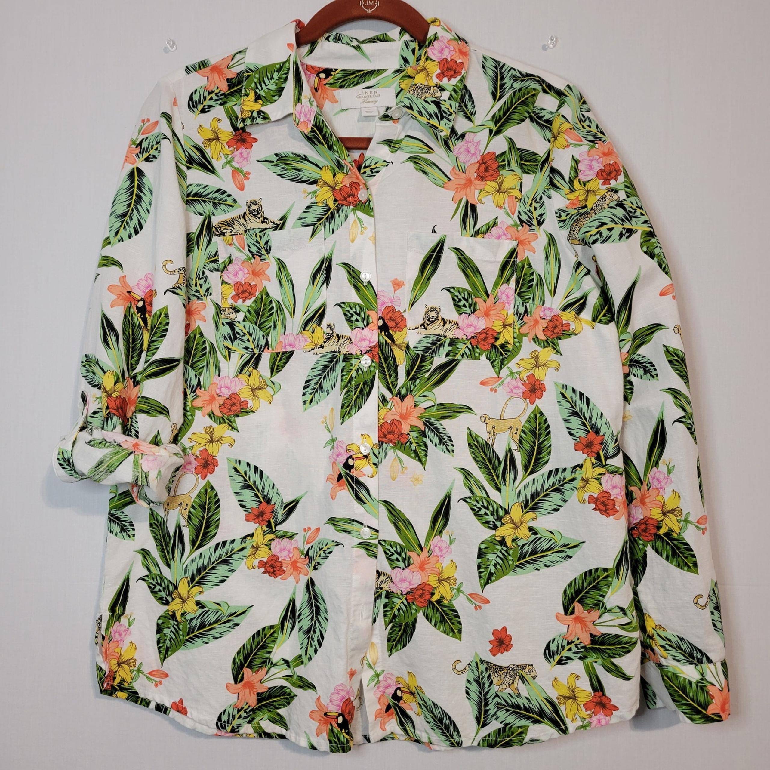 Charter Club linen blend long roll tab sleeve button up top sz M white tropical