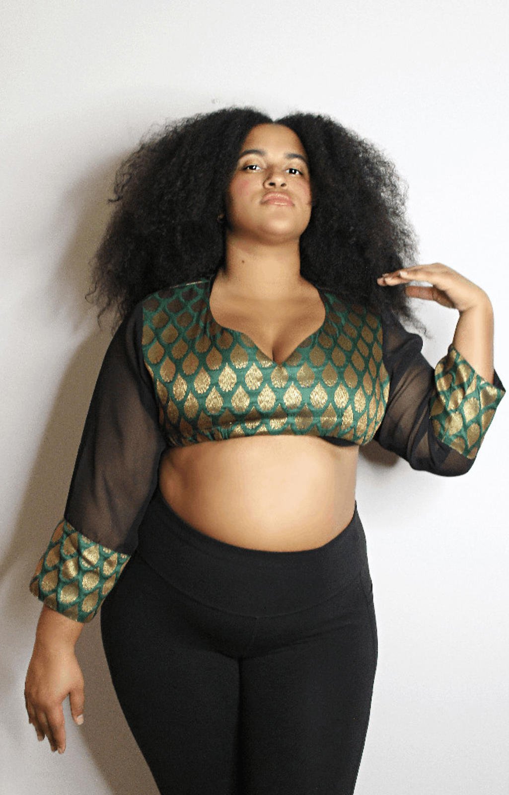 Green Gold Satin Pinecone Sheer Long Sleeve Crop Top - Large