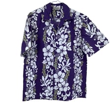 Vintage 90s Winnie Fashion Floral Hawaiian Shirt Medium Purple w White Flowers