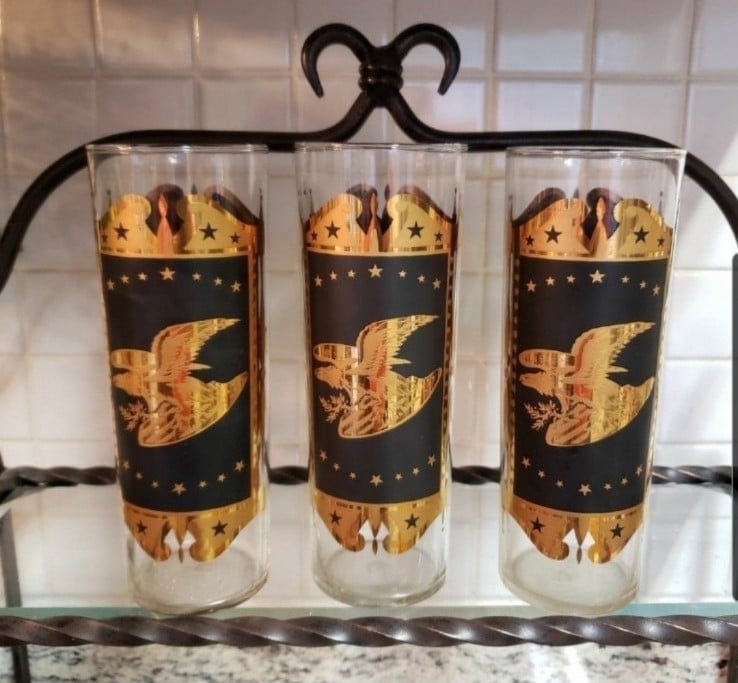 Vintage / MCM Patriotic Barware~1776 Black & Gold Eagle & Star Highball Glasses