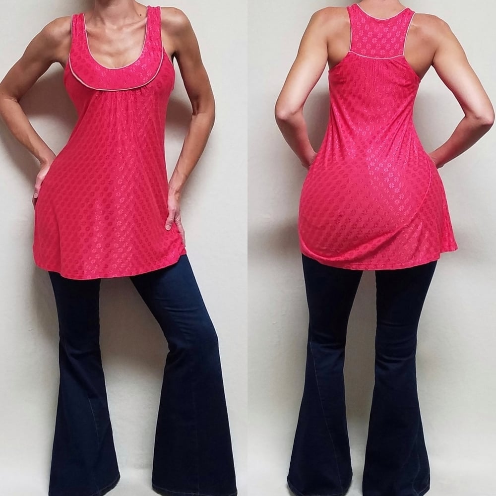 Y2K Retro French Connection Neon Salmon Pink Floral Embossed Tank Top Dress M