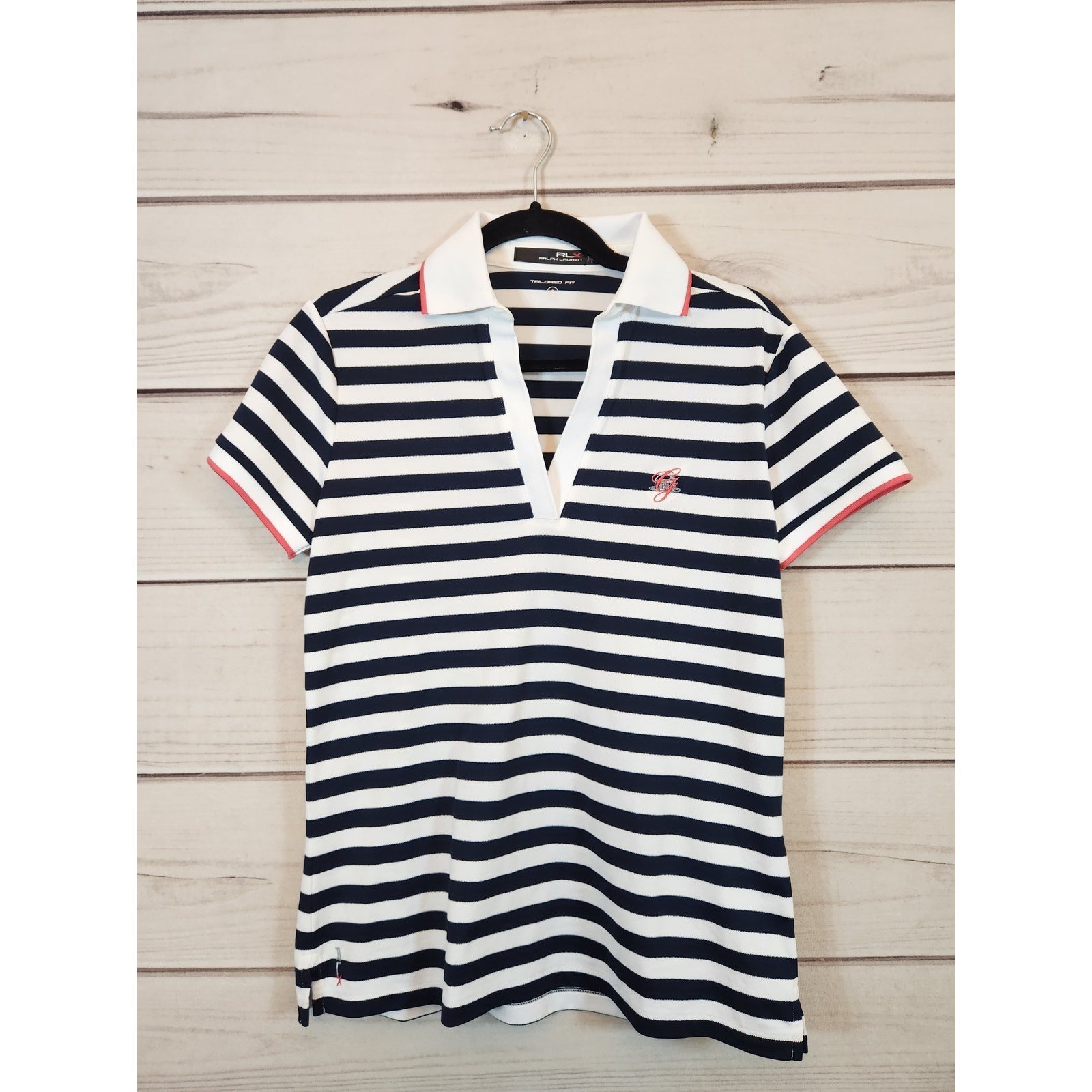 RLX Ralph Lauren Women's Blue White Stripe Tailored V-Neck Polo Golf Shirt Small