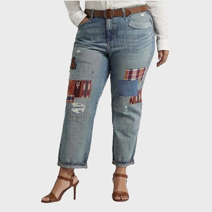 Lauren Ralph Lauren Patchwork Relaxed Tapered Jeans in Skye Wash Blue 16W NWT