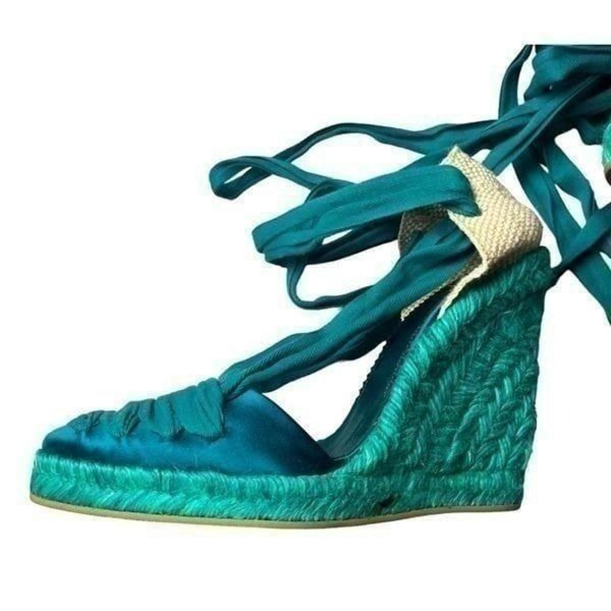 NWOT Emanuel Ungaro FAB Wedge Espadrilles in Teal Silk w/Sexy Lace-Up Design 8