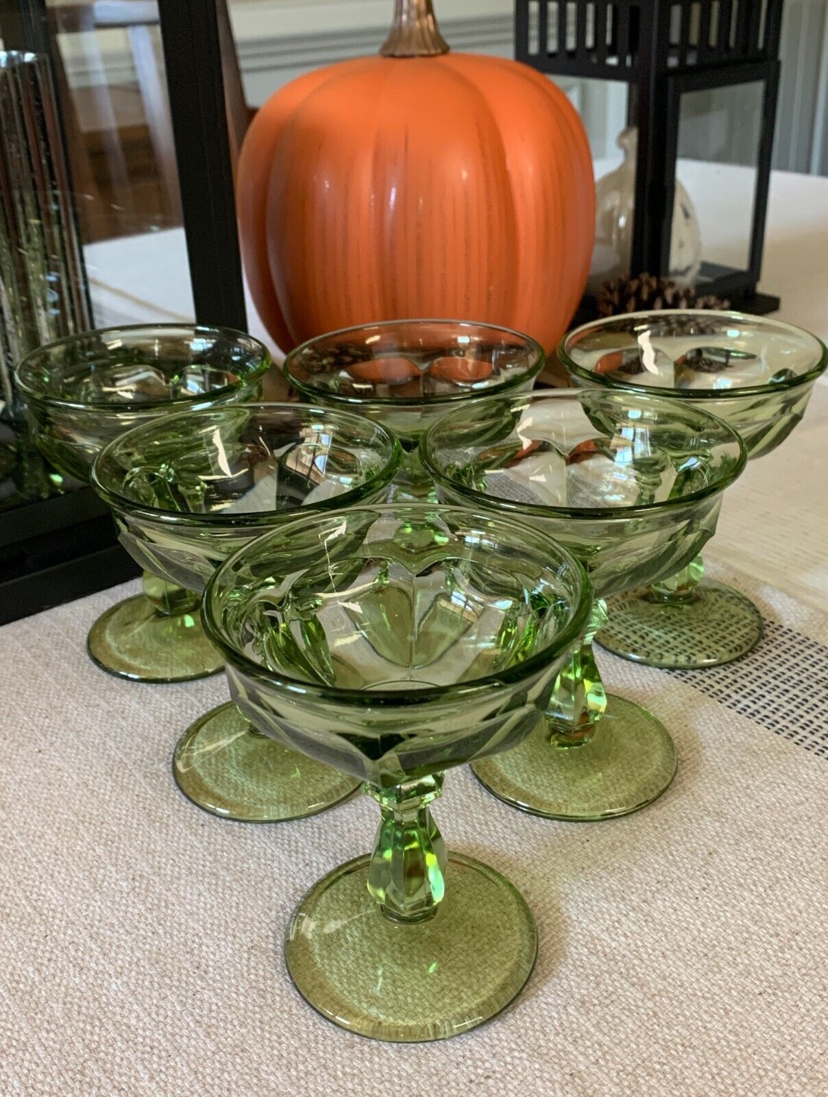 Vintage MCM Imperial Glass Old Williamsburg Verde Green Dessert Glasses Set Of 6