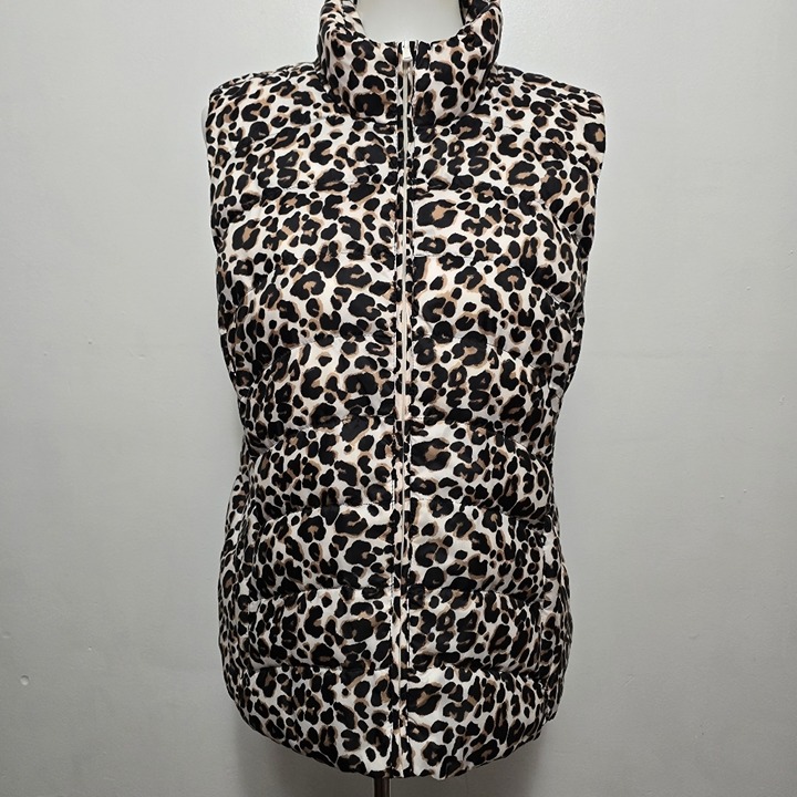 Loft Brown & White Leopard Print Quilted Puffer Vest Size XL