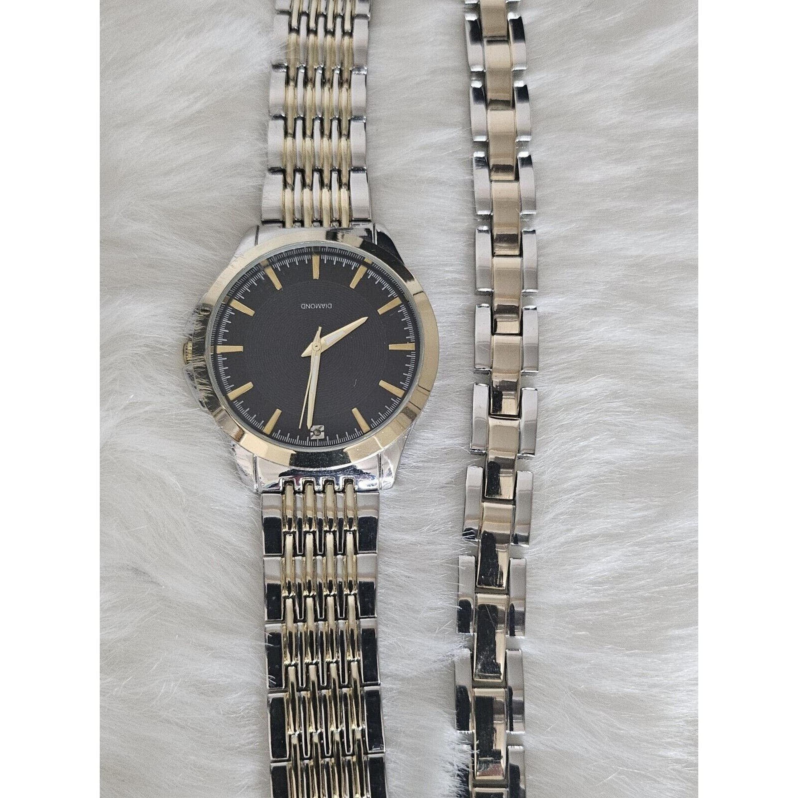 Brand New Diamond Watch And Bracelet Mens Two Tone Quartz New Battery Running