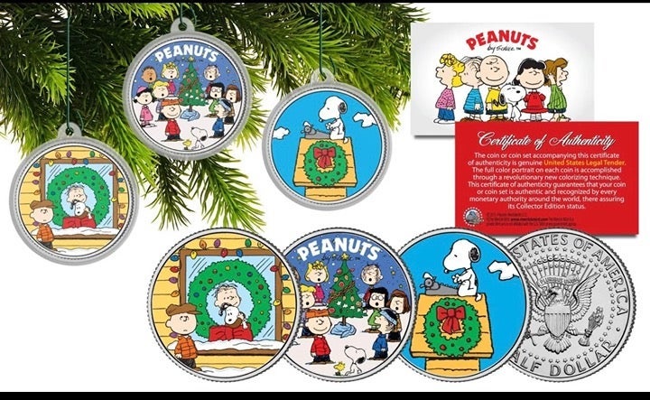 PEANUTS CHRISTMAS Charlie Brown JFK Half Dollar 3-Coin Set Tree Ornaments SNOOPY