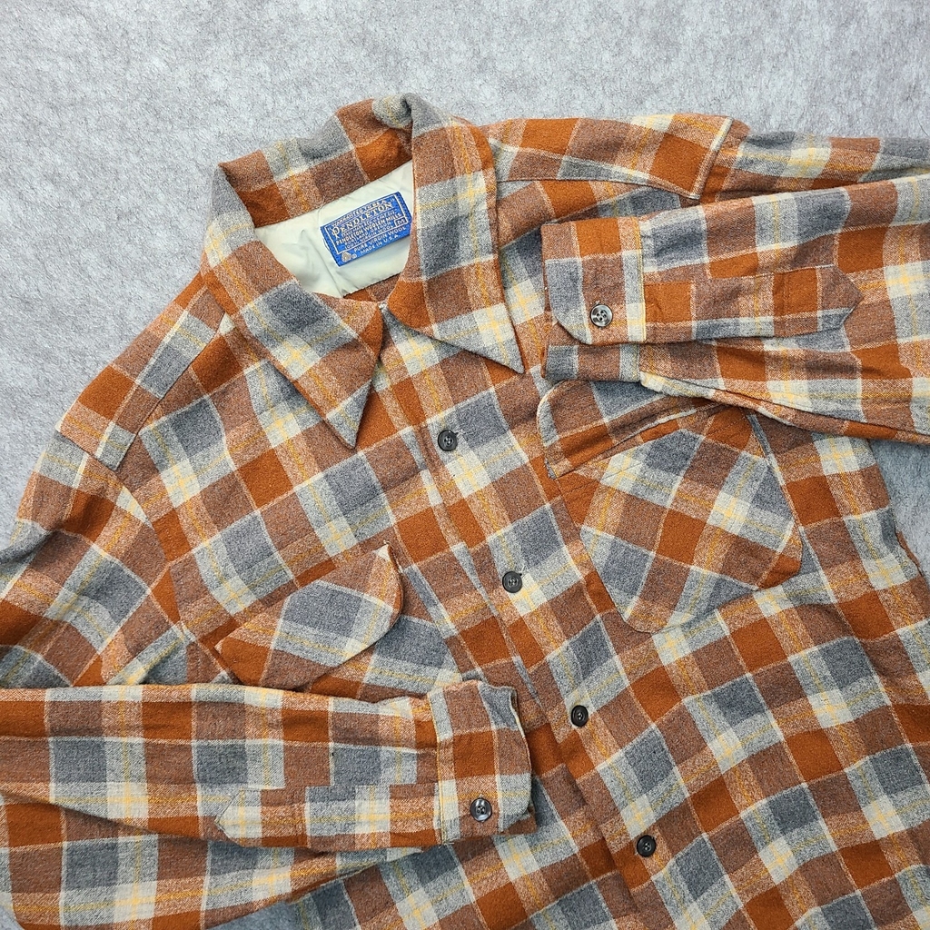Vintage Pendleton Wool Board Shirt Loop Collar Mens M Orange Tartan Made In USA