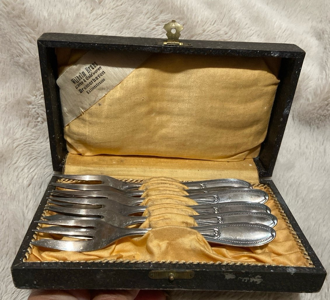 Antique silverplate german coffee/dessert Forks set Of 6 Original Box G. Burger