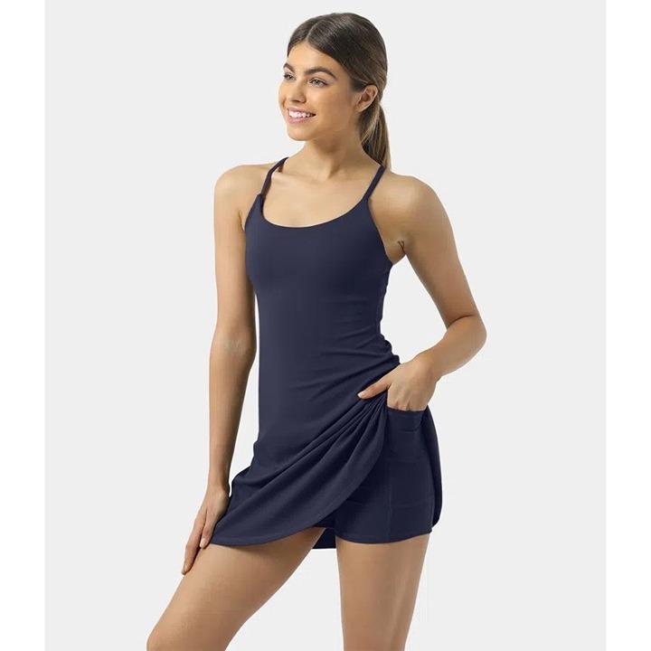 Halara Everyday Cloudful 2-in-1 Flare Workout Dress-Wannabe Navy Blue XS