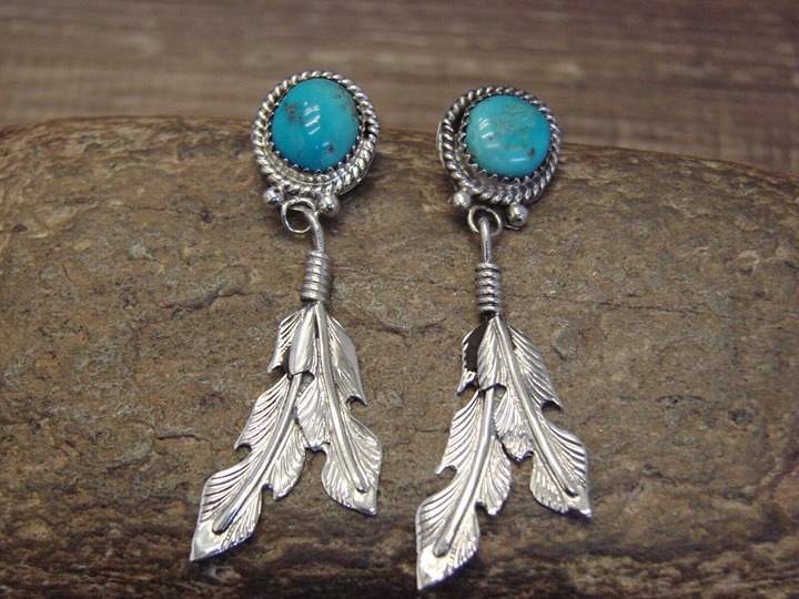 Navajo Sterling Silver Turquoise Feather Post Earrings
