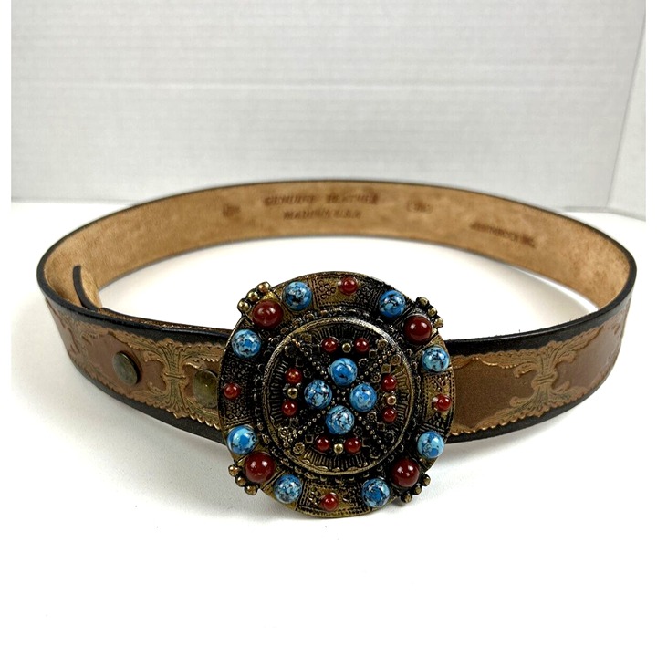 Leatherock Genuine Leather Belt Turquoise Carnelian Faux Cab Embellished USA M34