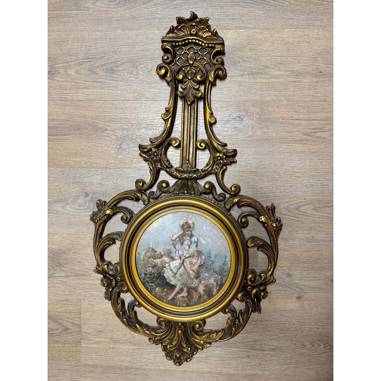 Antique Gold Brown Painted Gilded Gild Frame Wood Round Ornate Frame L31 x W19