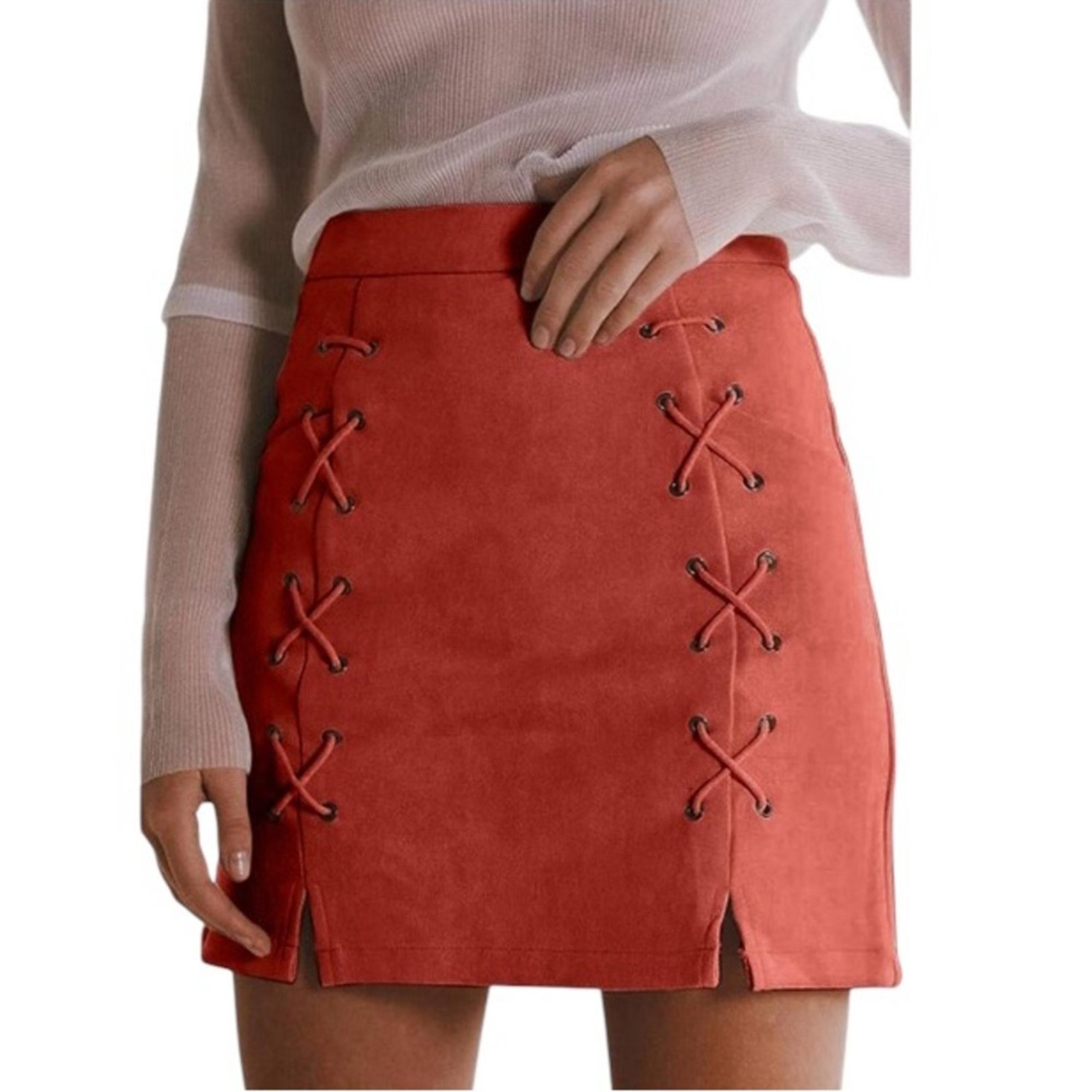 ELSTAROA Women's Rust Orange Faux Suede High Waist A-Line Mini Skirt Size XL