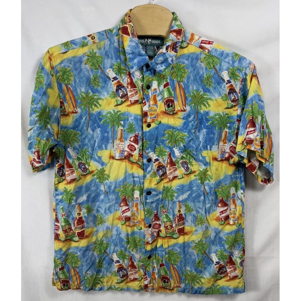 Vintage Big Dogs Hawaiian Shirt Mens XL All Over Print Shirt Sleeve Beer Rayon