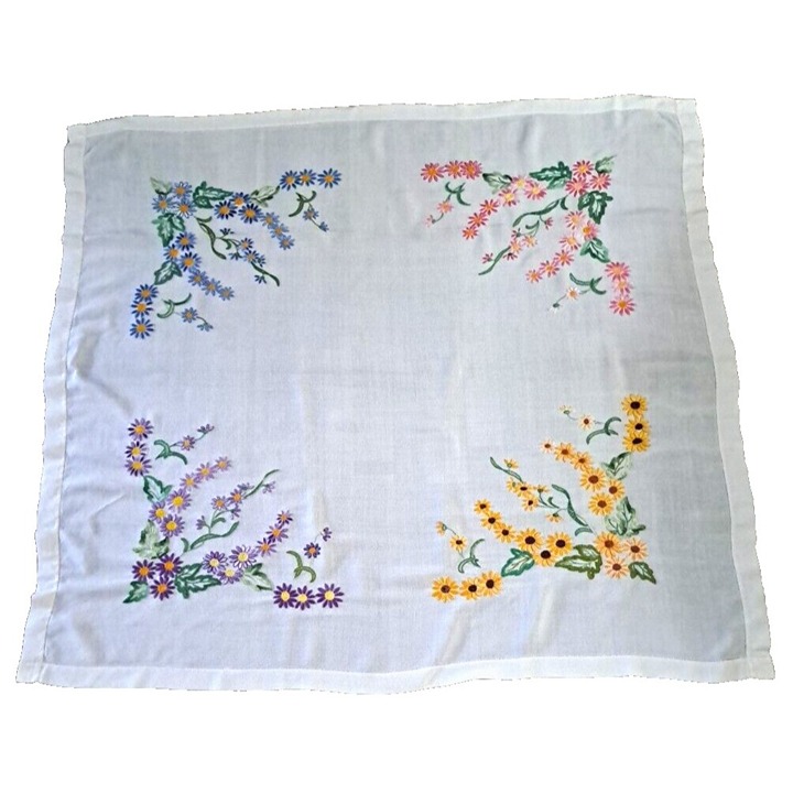 Vintage Embroidered Tablecloth Square Hand Stitched Flowers Purple Yellow 45x49