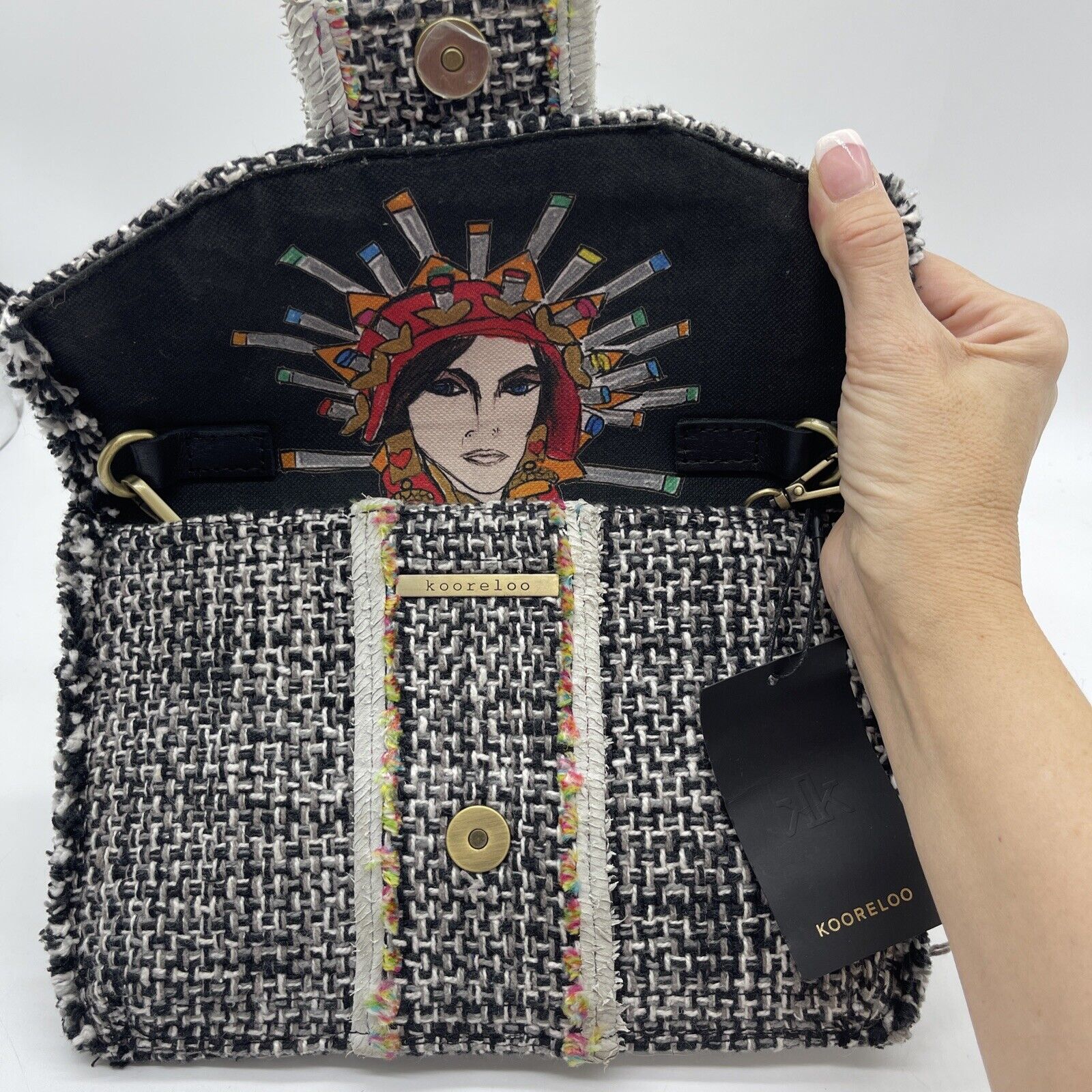 NWT Kooreloo 3D Woven Clutch w/Chain White Leather Scraps Made in Greece RETIRED