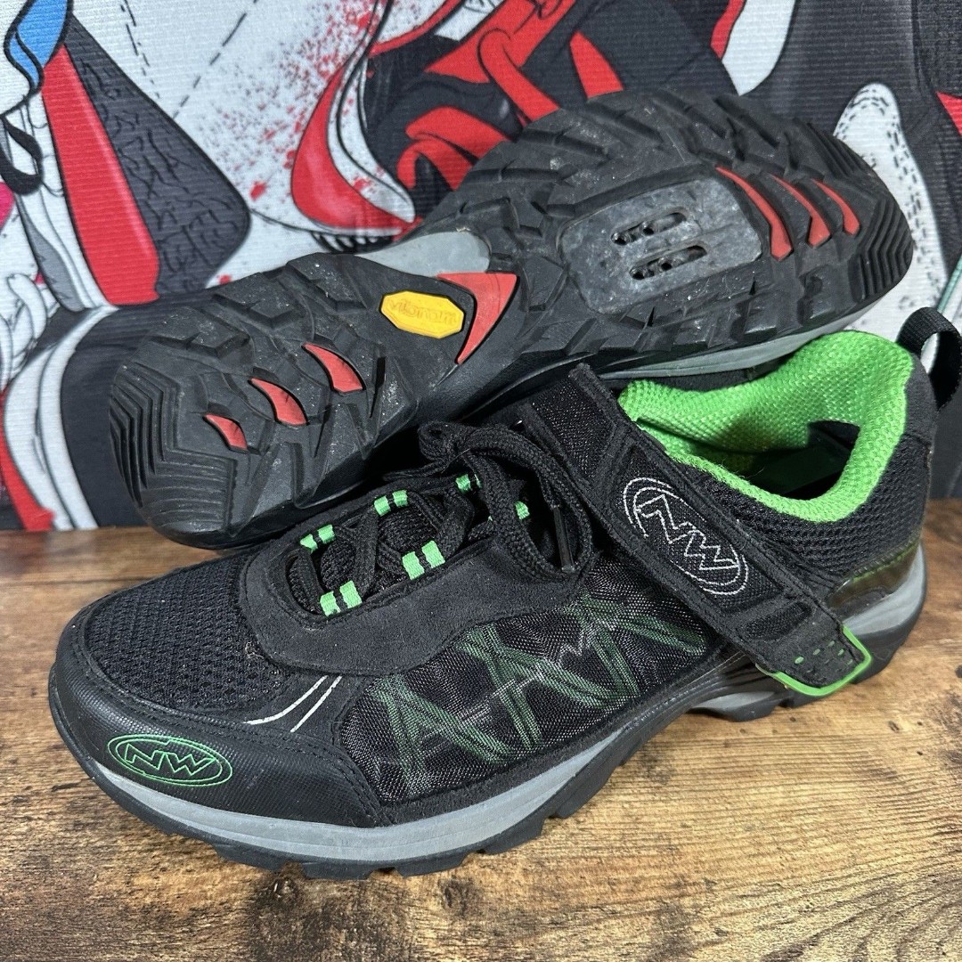Size 9.5 - NORTHWAVE Cycling MTB Shoes Mountain Bike Mondo Black Green USED