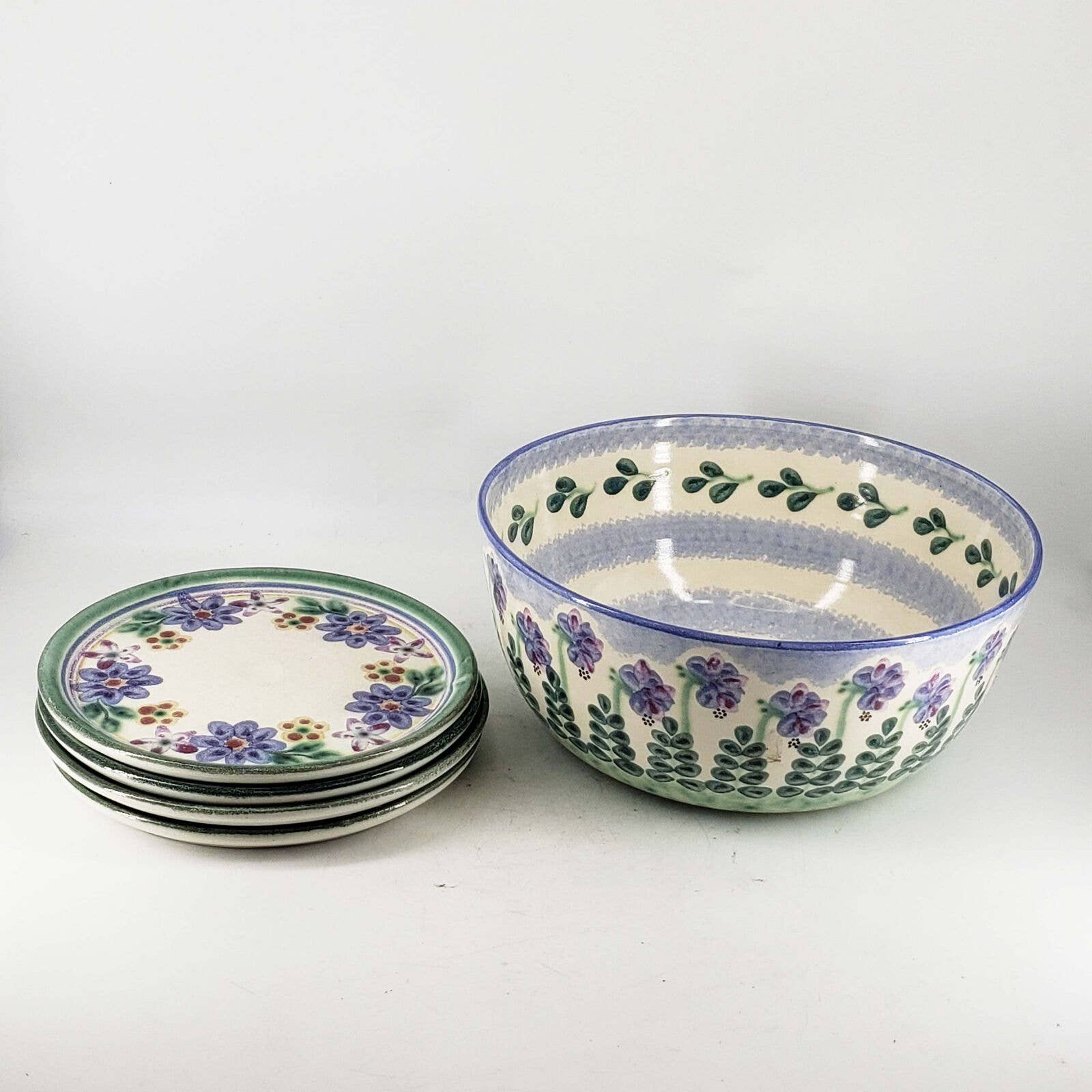 Vintage Sally Morley signed Studio Art Pottery Salad bowl and 4 salad plates