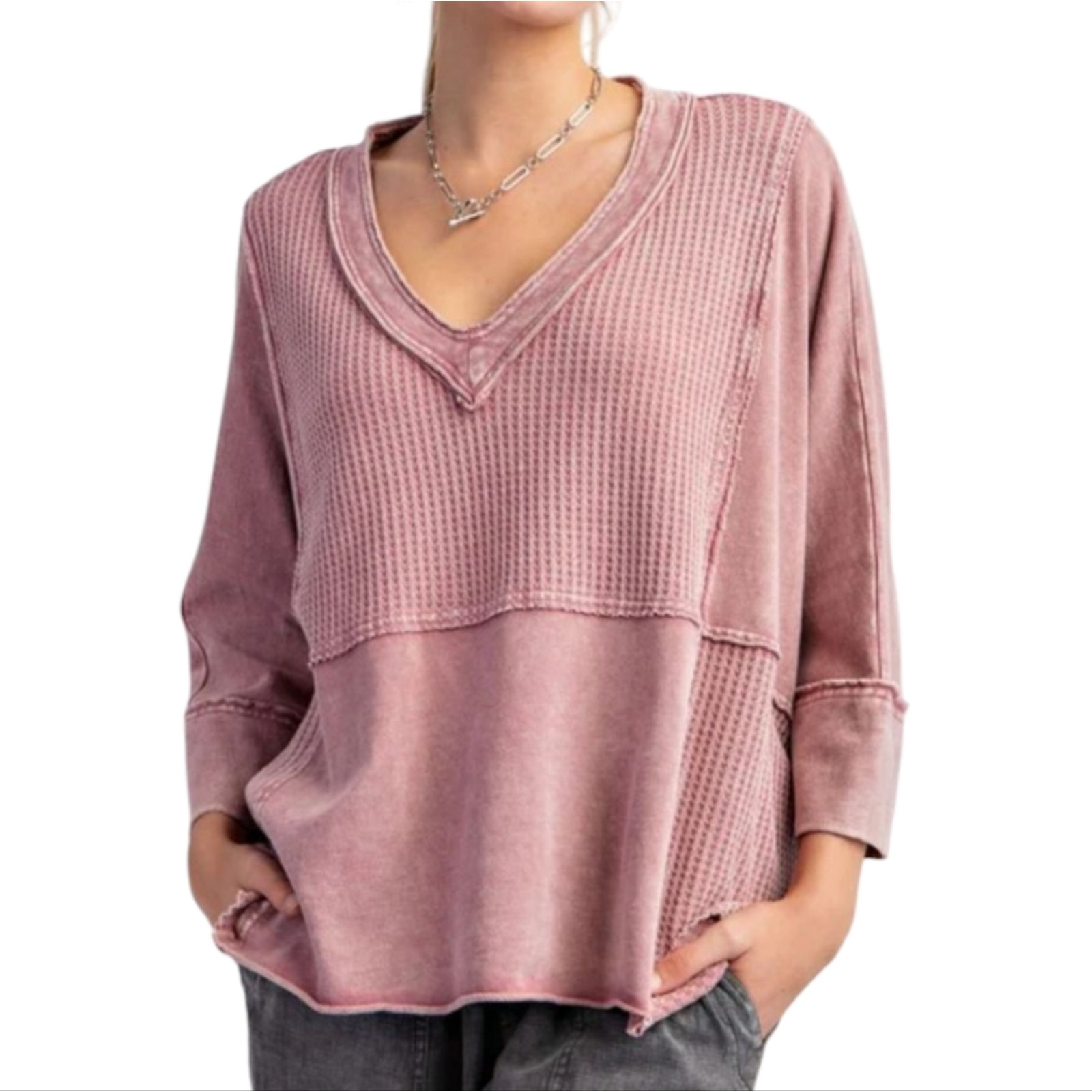 NWOT Easel Mineral Washed Thermal V-Neck Dolman Sleeve Boho Top Mauve Large