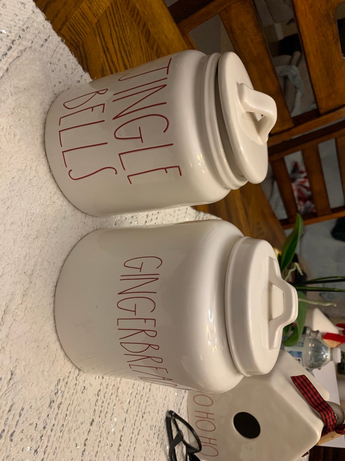 Rae Dunn christmas canisters lot of 2 large red letters Gingerbread jingle bells