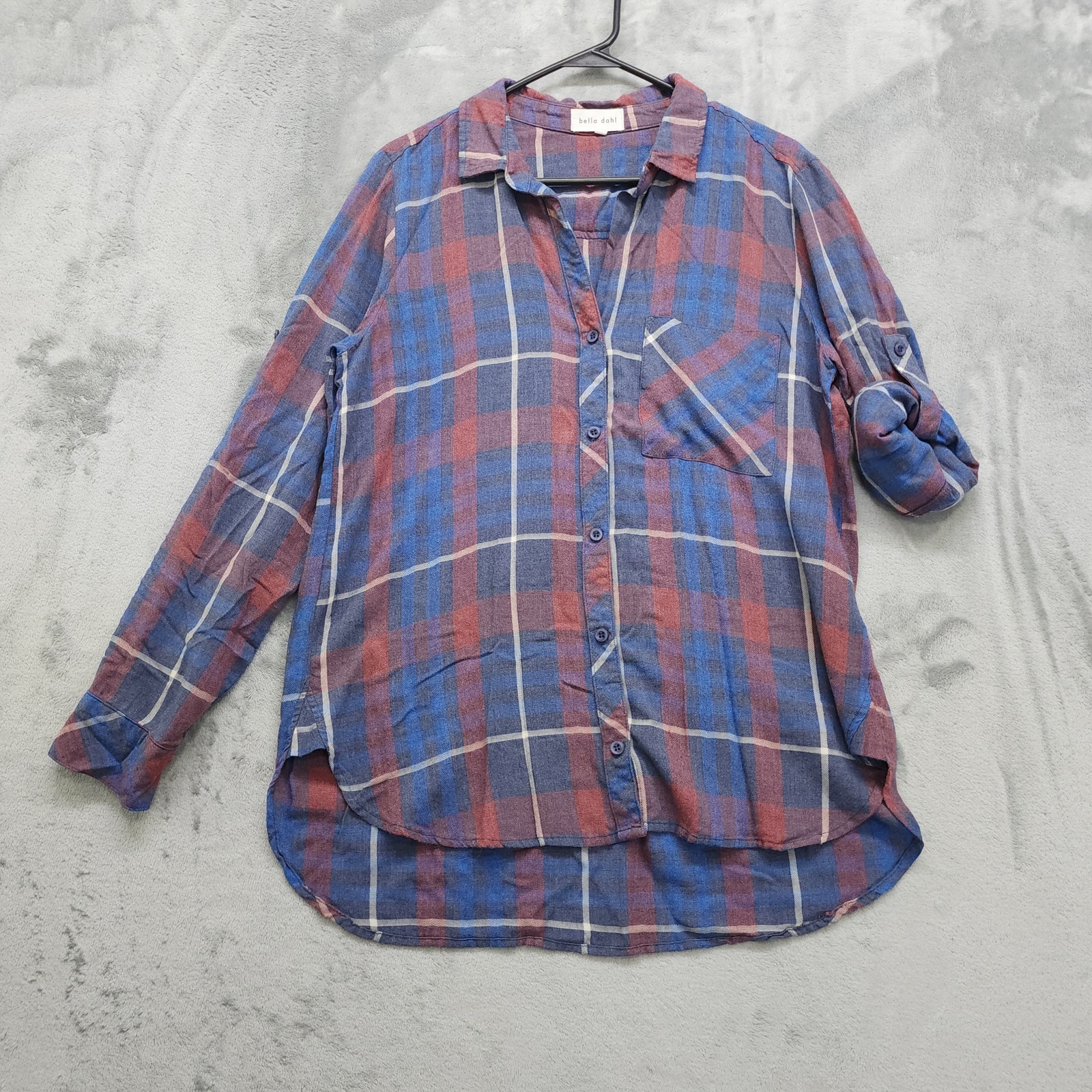 Bella Dahl Top Womens M Blue Red Aurora Plaid Pocket Button Down Roll Tab Sleeve