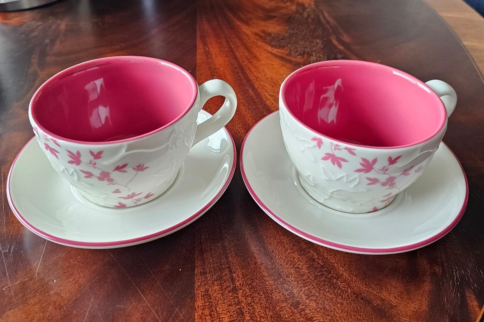 Starbucks 2006 Embossed Leaf Mug Cup and Saucer Pink Cream 9oz Set of 2