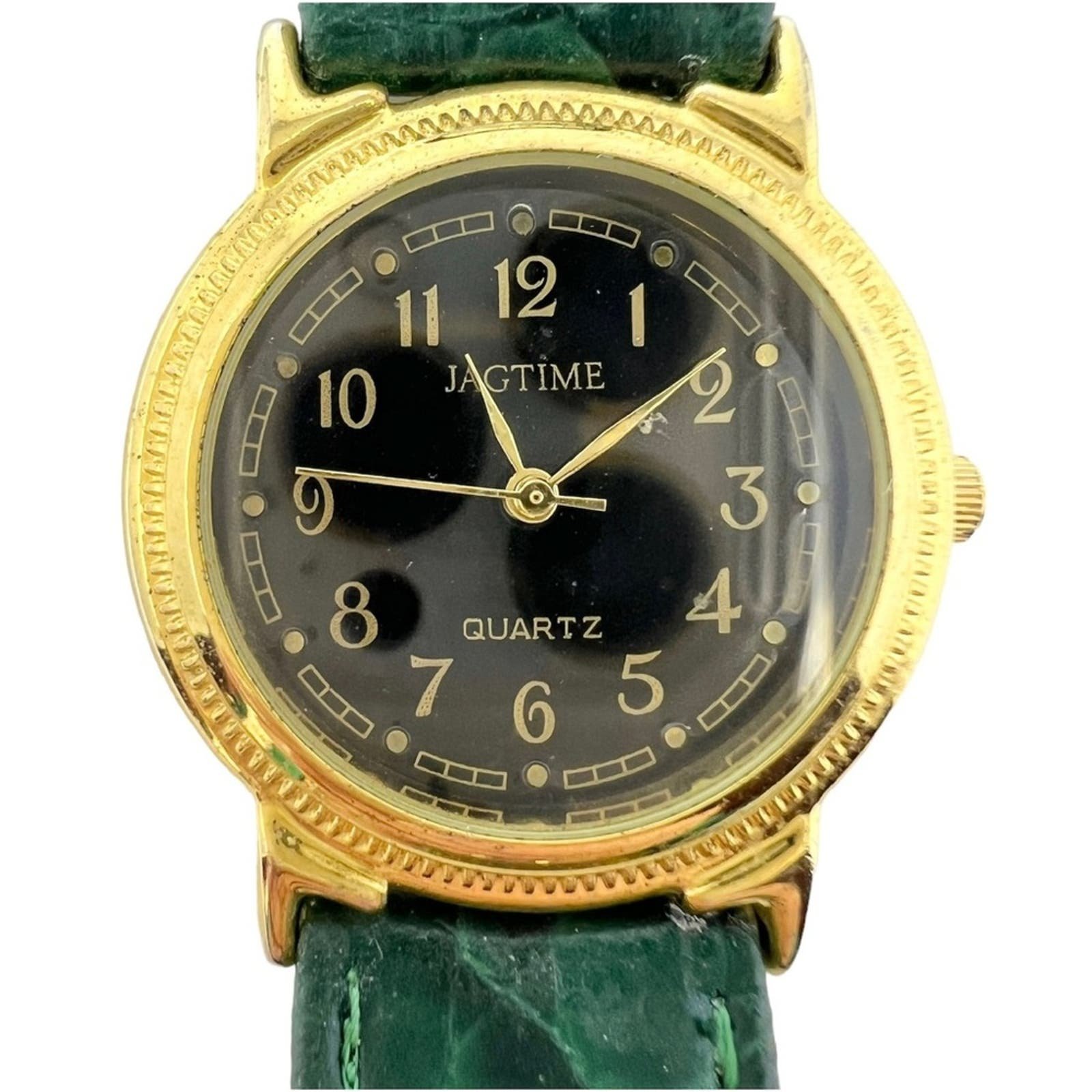 Vintage Jagtime Black and Gold Tone Watch Green Leather Band Reptile Embossed