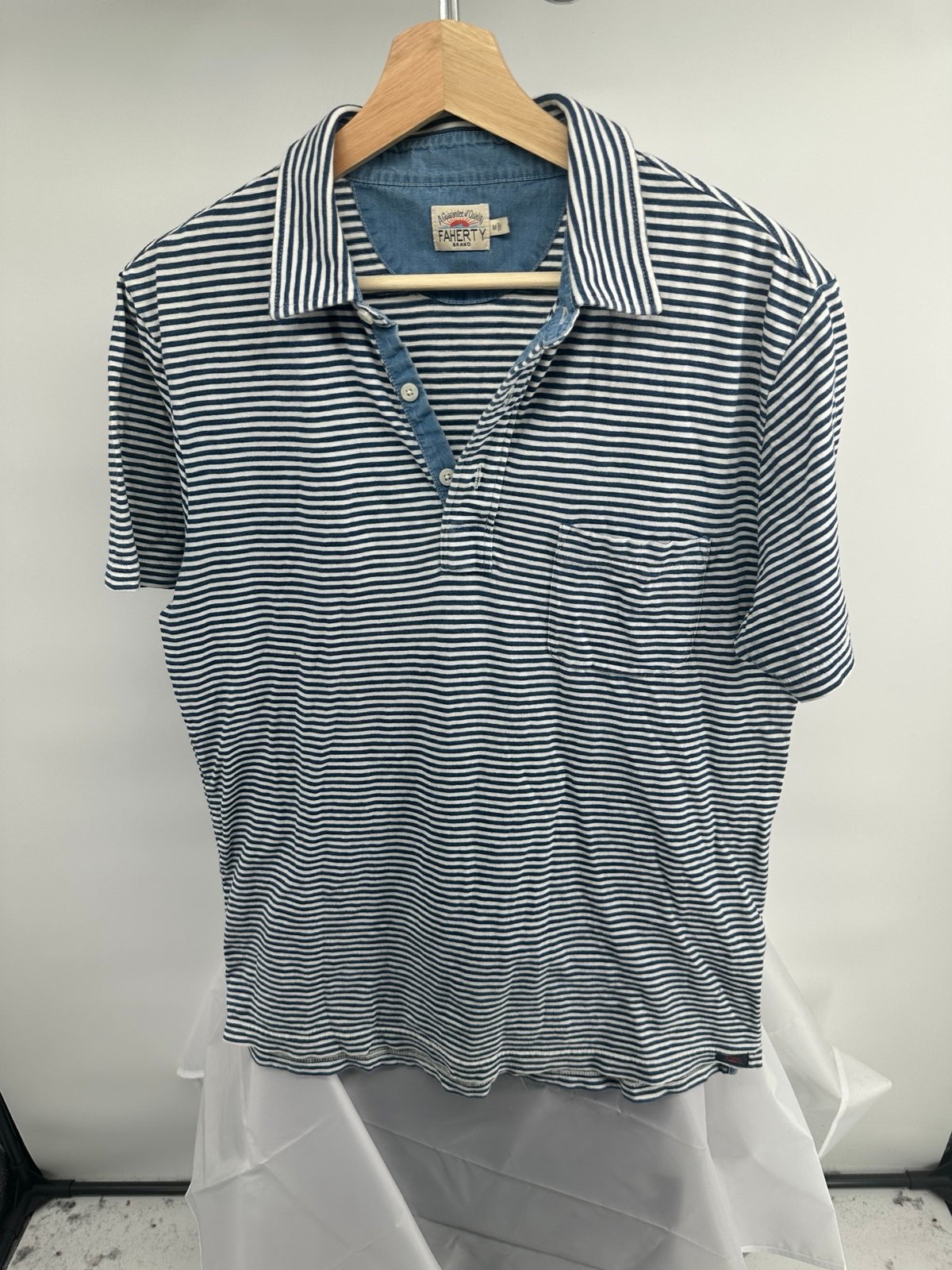 Faherty 3 button polo shirt collar casual short sleeve striped chest pocket M