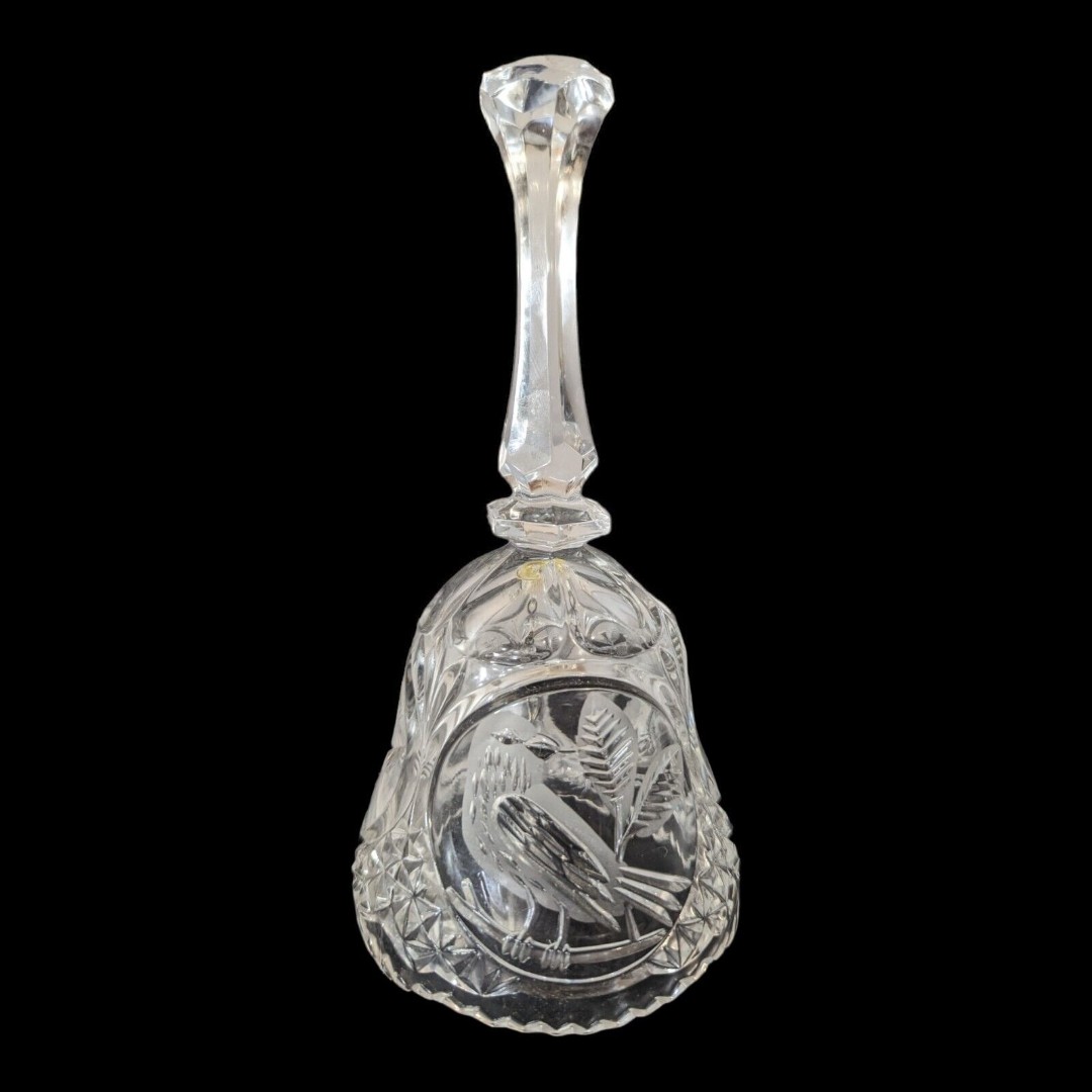 Hofbauer Byrdes 8 Cut Crystal Hand Bell Bird Etched In 3 Sides Excellent Cond.