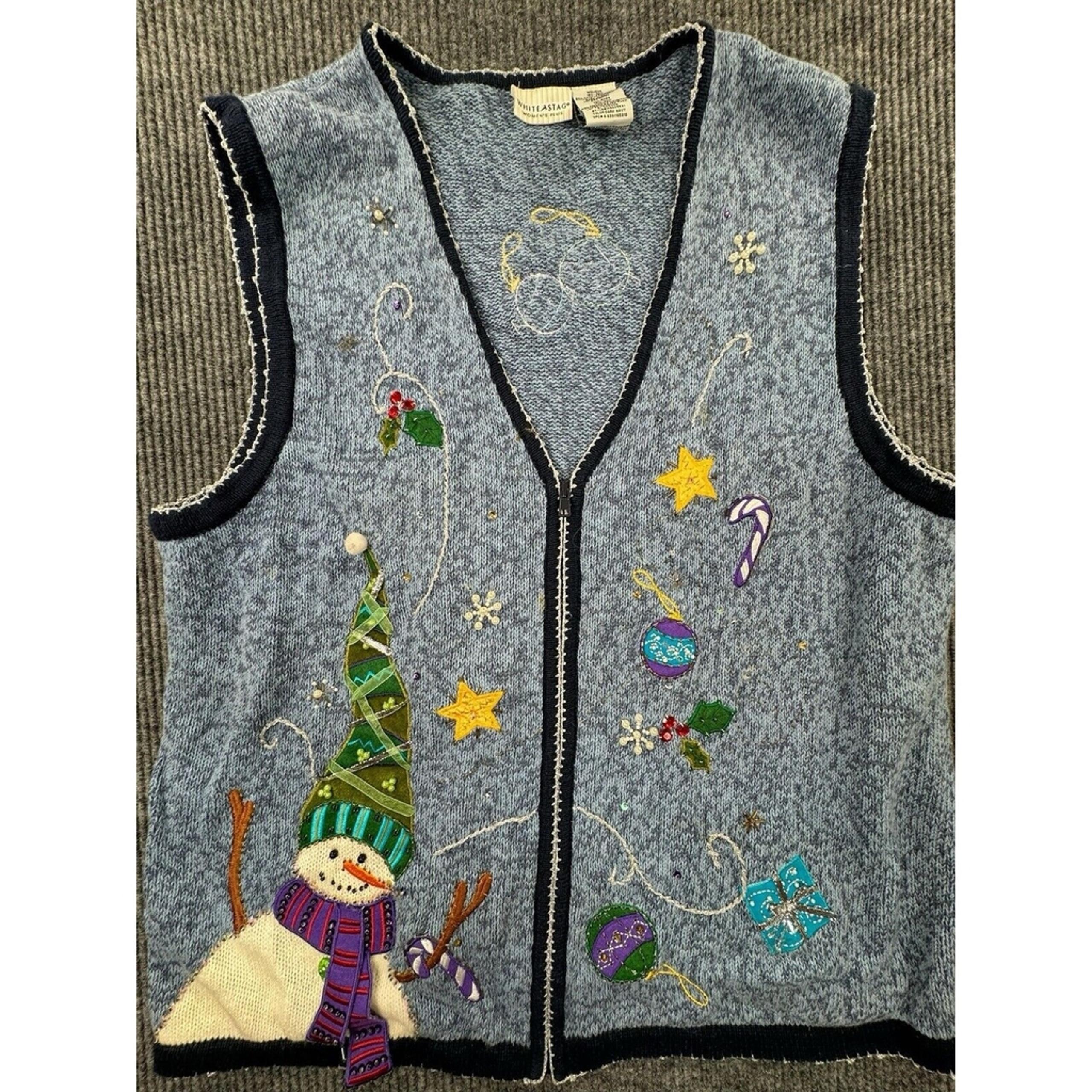 White Stag Vest Women's 18W/20W Blue Snowman Christmas Zip Up Vintage