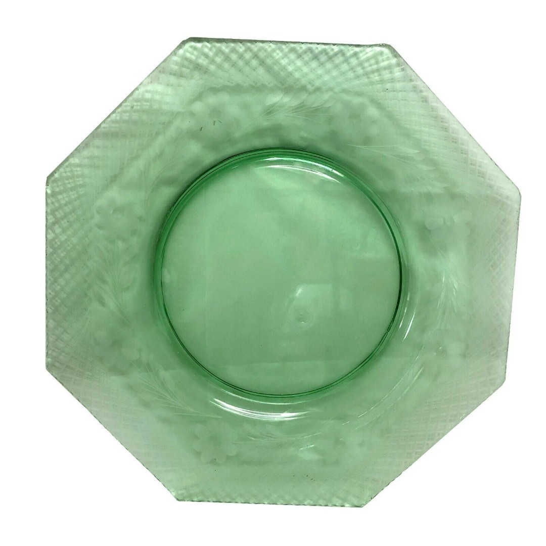 Vintage Uranium Glass Platter Green Etched Elegant Glass Large 14