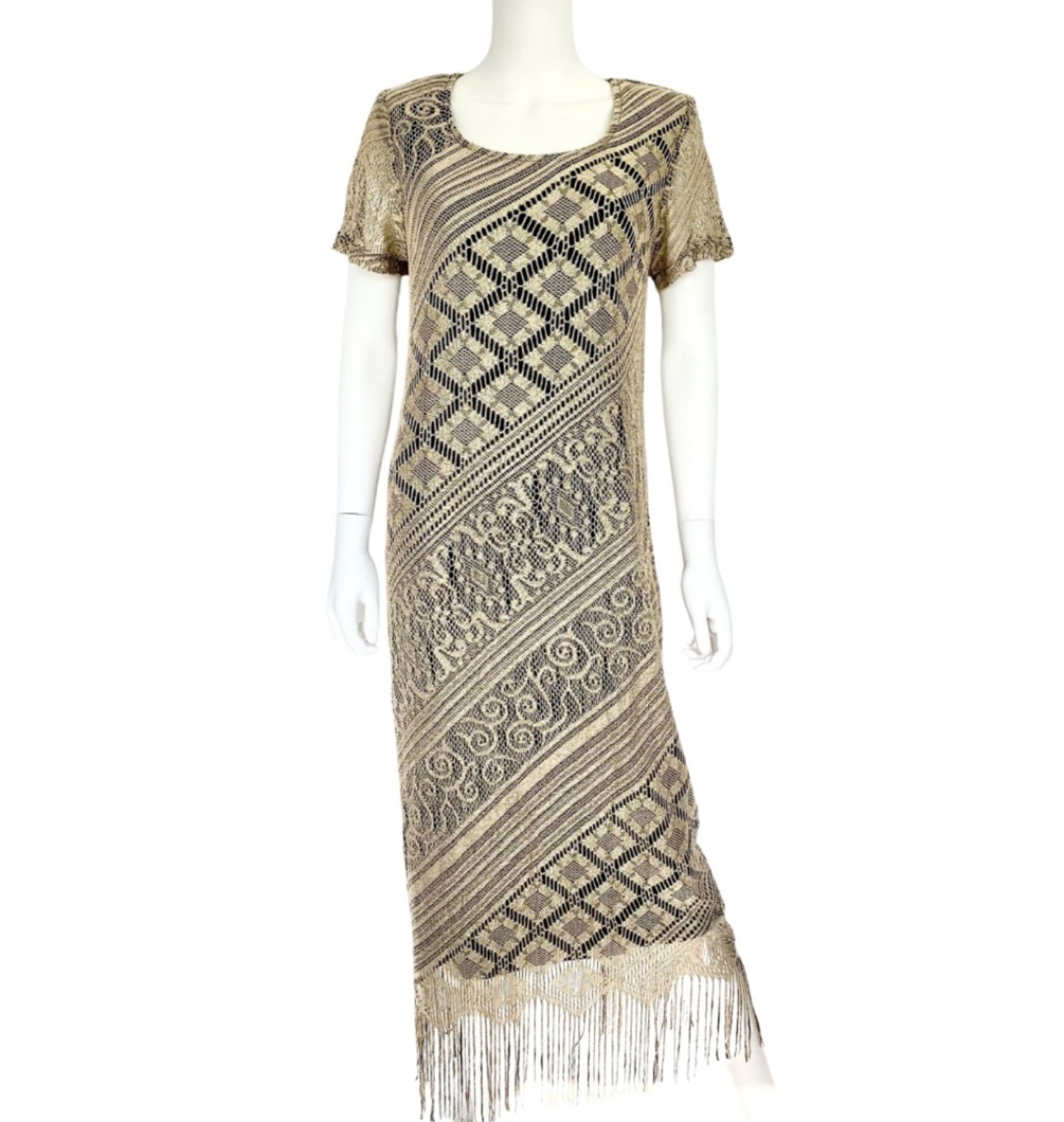 Vtg Sharade Of California Dress Women Sz 10 Crochet Fringe Hem Tan Black Layer
