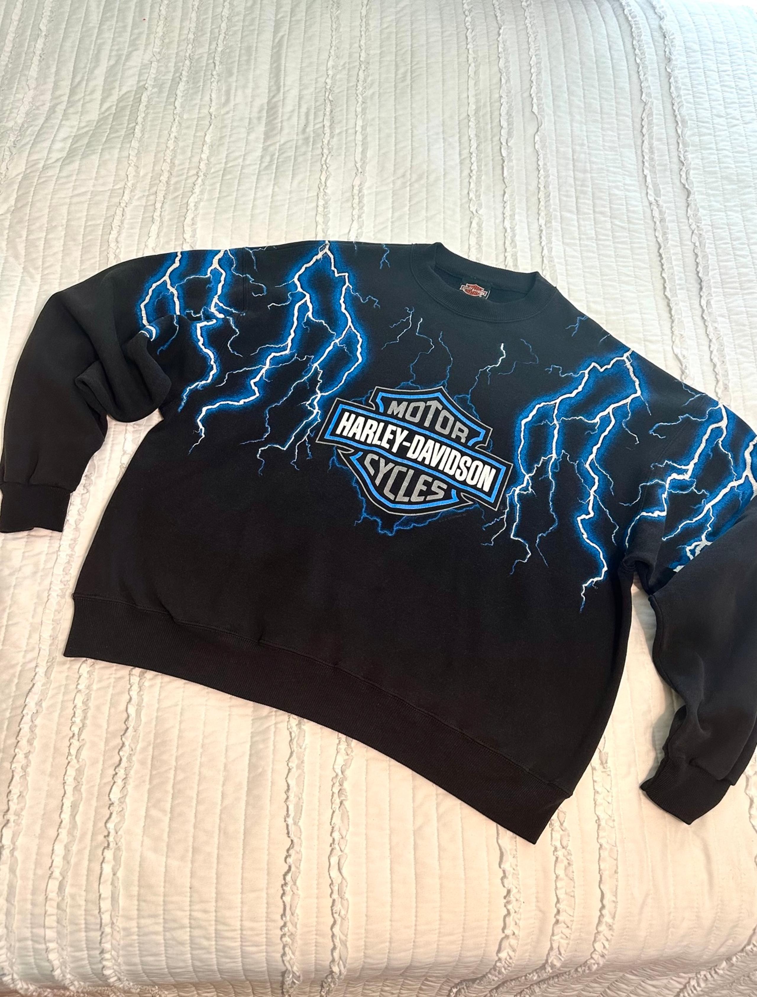 Vintage Harley Davidson Blue Lightning AOP Sweatshirt Mens XXL Crewneck 90s RARE - Harley-Davidson