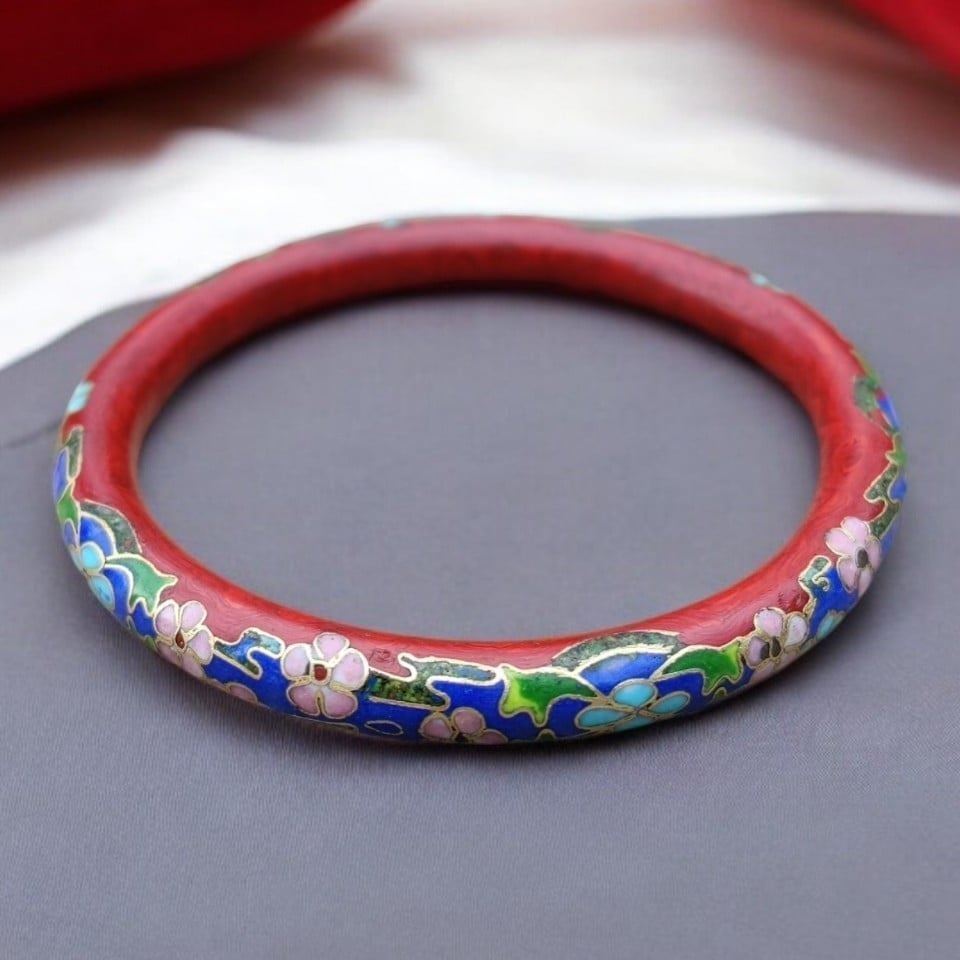 Rare antique carved cinnabar cloisonne bangle bracelet