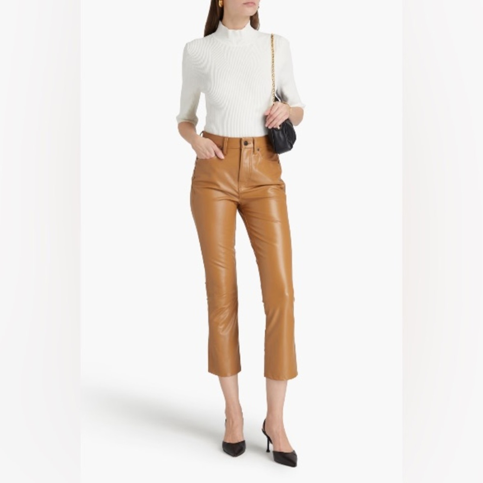 [veronica beard] carly high rise faux stretch leather kick flare pants cognac 25