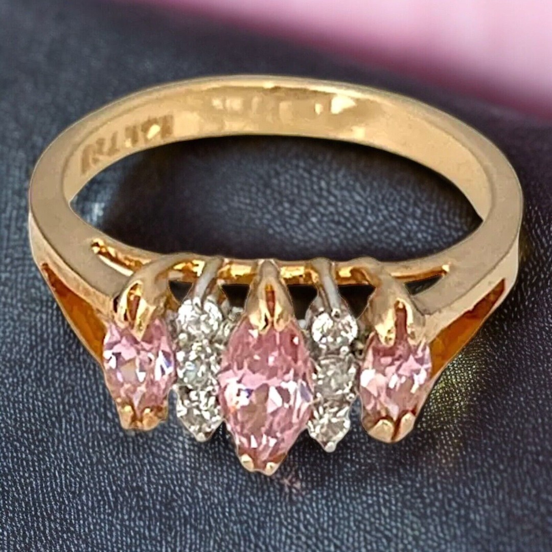 Vintage Ring Size 8 Pink Cubic Zirconia & Accents 14K Gold Plate Mid-Century 14D