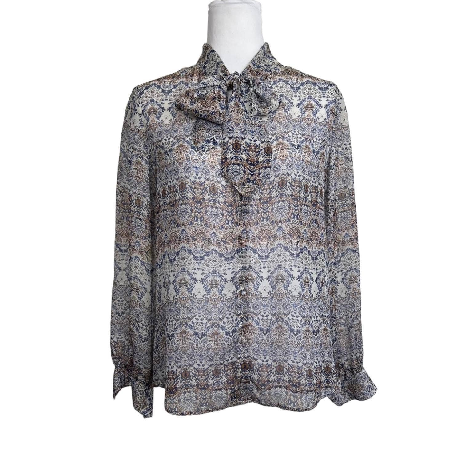 L'Agence Blouse Silk Printed tie Detail Sheer Blue Tan Size S