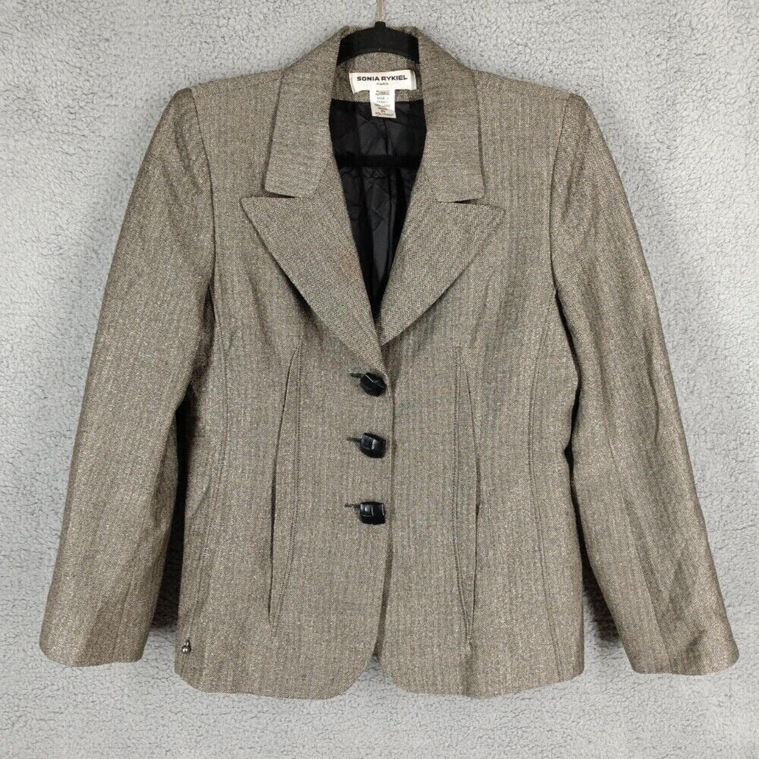 Sonia Rykiel Paris Size 42/US Wool Blazer Herringbone Gray Black Metallic Jacket