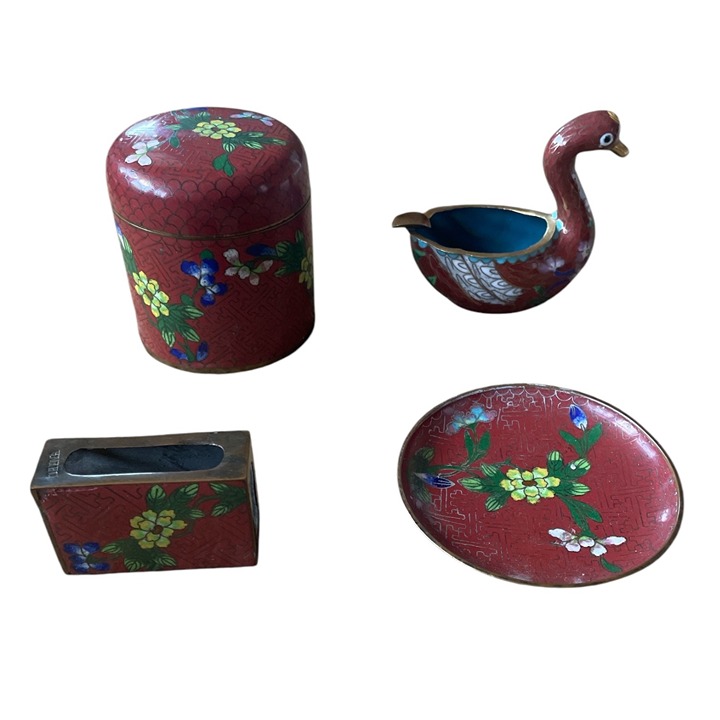 Vintage Chinese Cloisonné Enamel Decorative Smoking Set: Tobacco Canister, Match