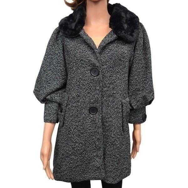Antropologie Hazel Peacoat Overcoat Removable Faux Fur Collar Sz S Black/White