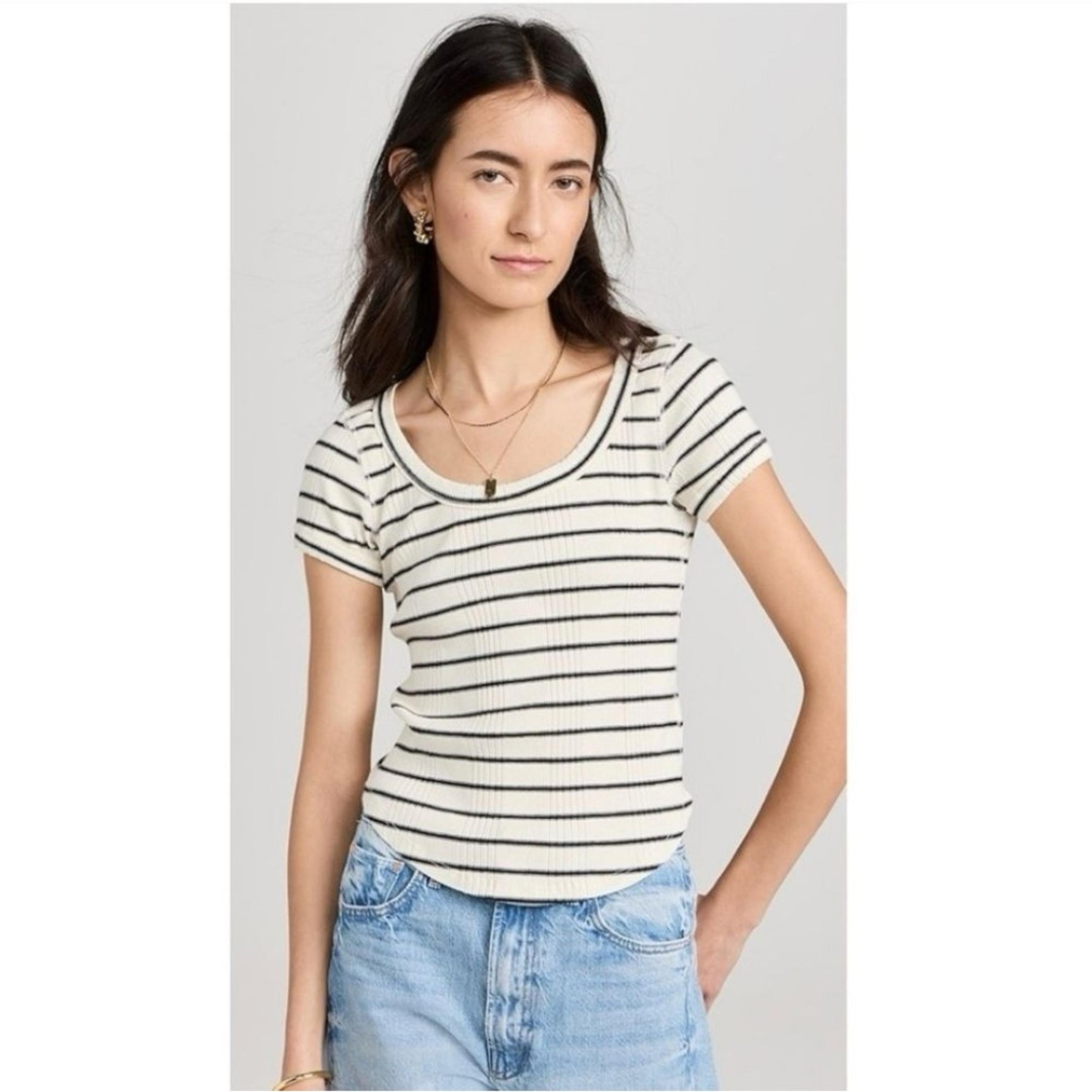 Mother The Itty Bitty Scoop Black And White Stripe Tee Womens XS