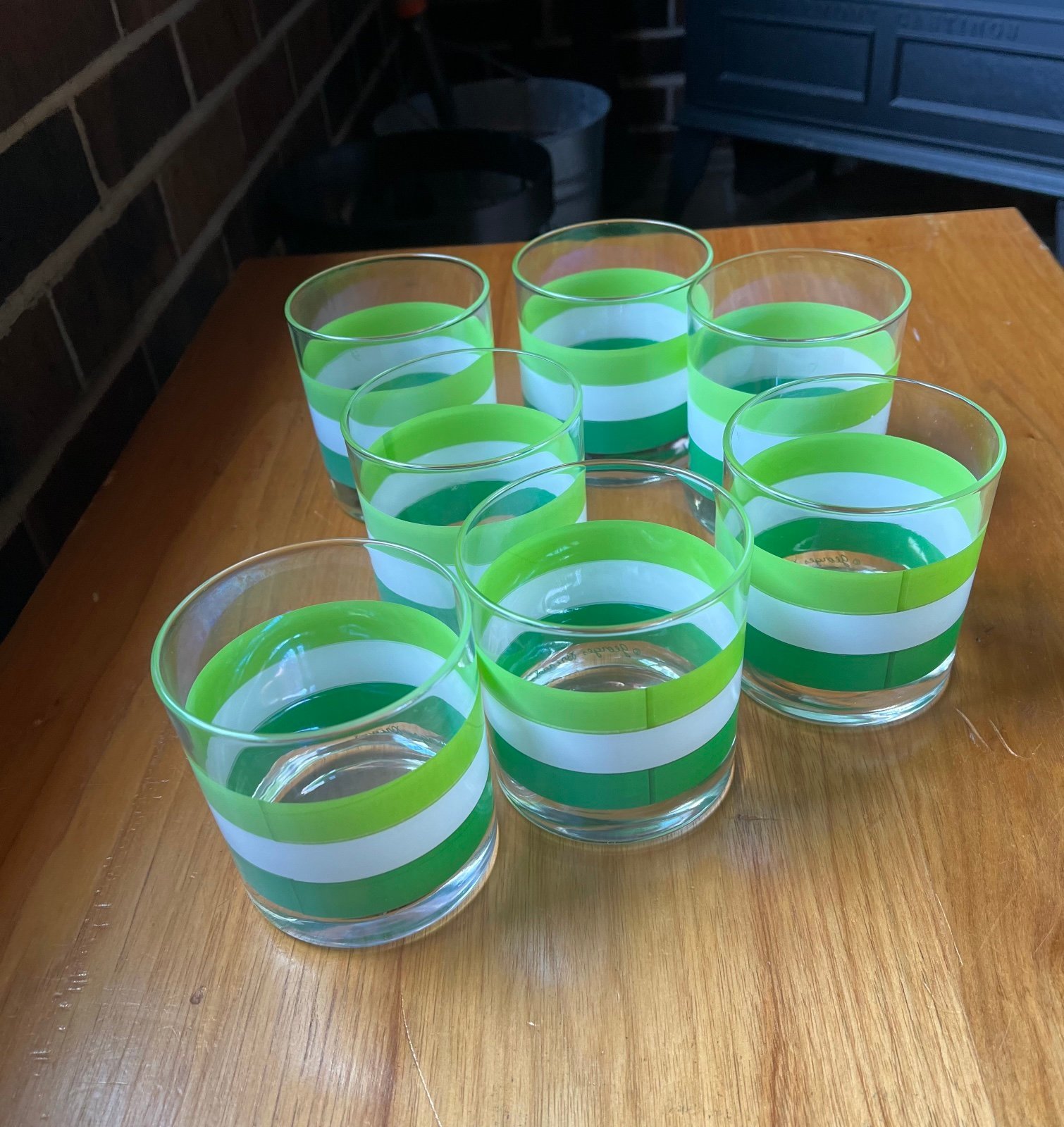 Vintage Set 7 Georges Briard Rocks Glasses Signed Green White Stripes MCM Retro