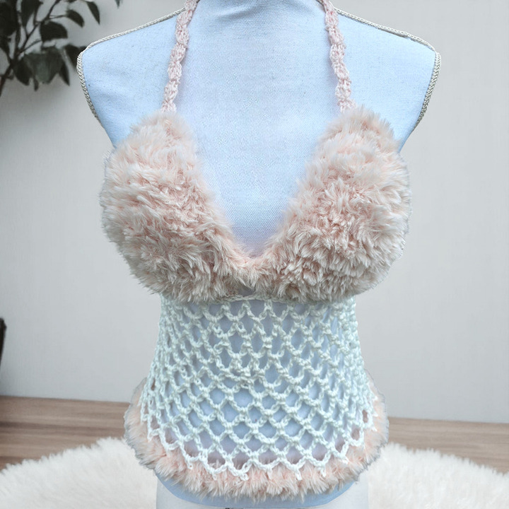 Fluffy Crochet Mesh Halter Top – Handmade Y2K Vibes