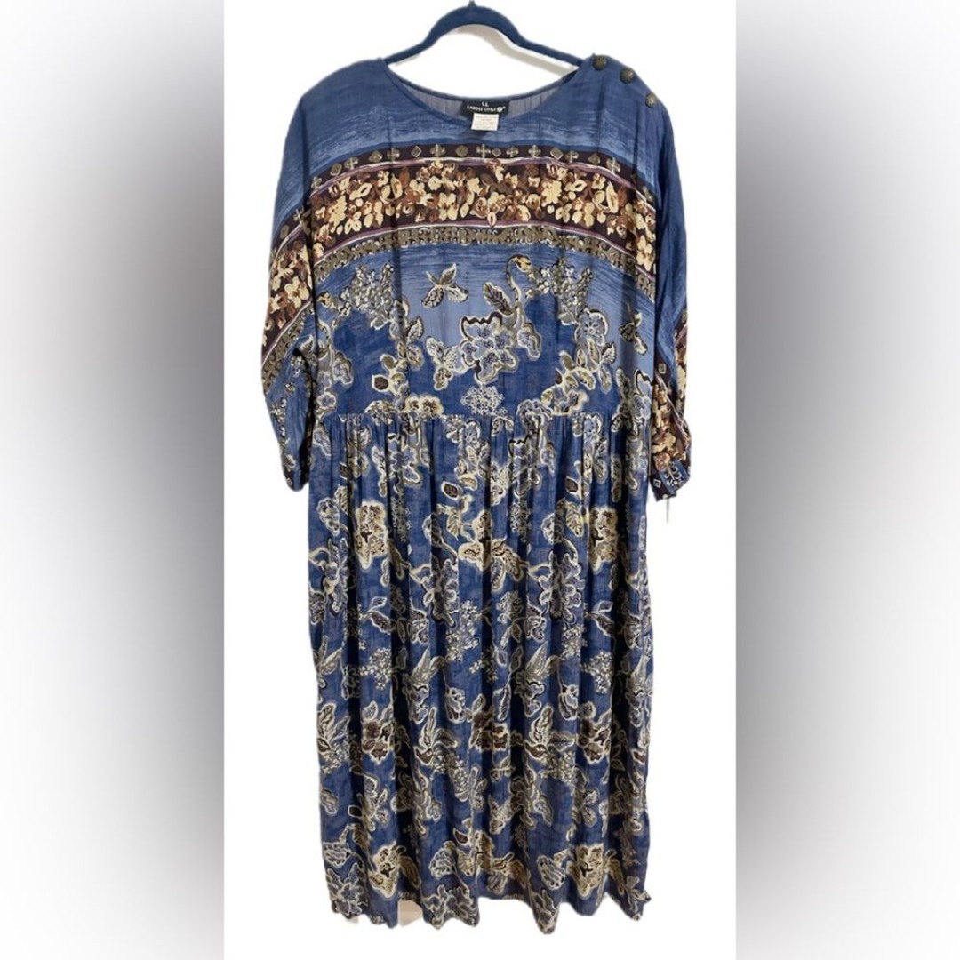 Vintage Carole Little Dress 20 Boho Floral Mid Dress Rayon Blue Germany Fabric